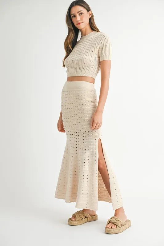 Pointelle Short Sleeve Crop Top and Slit Skirt Sweater Set, image 3