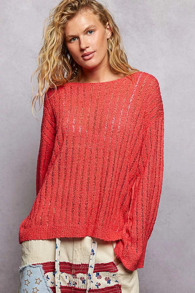 Round Neck Long Sleeve Open Weave Sweater