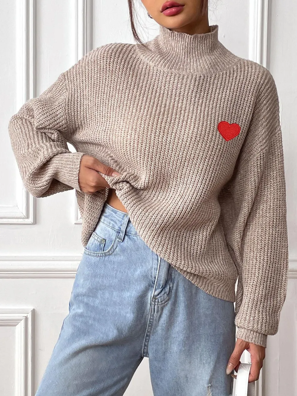 Heart Turtleneck Dropped Shoulder Long Sleeve Sweater, image 4