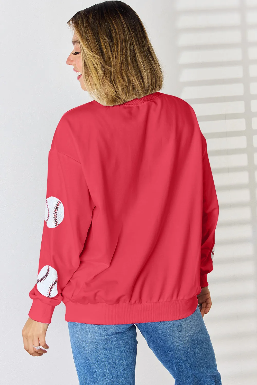 Sequin Baseball Round Neck Dropped Shoulder Sweatshirt, image 13