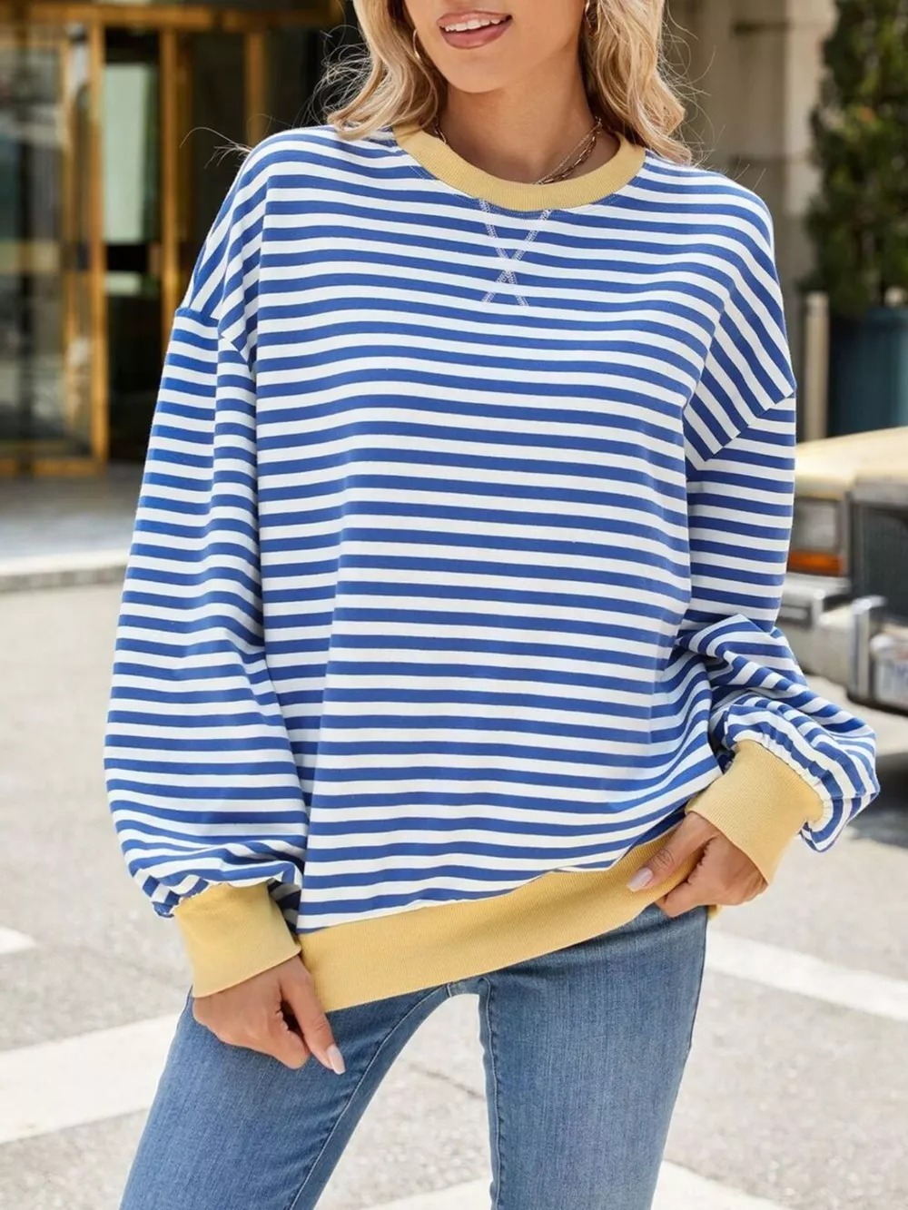 Striped Crew Neck Long Sleeve Sweatshirt, image 32