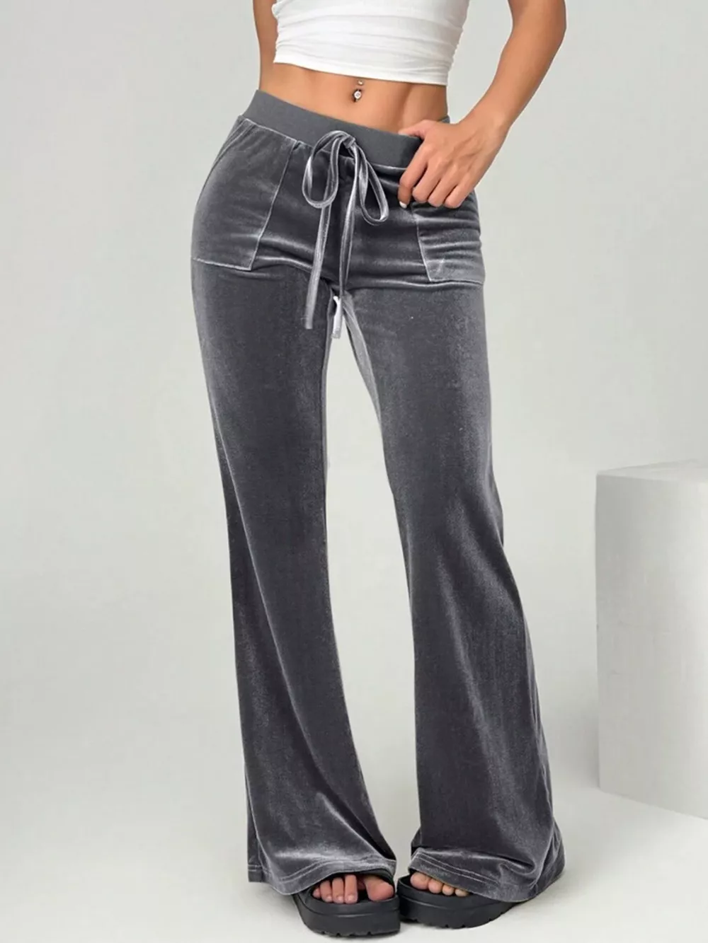 Velvet Flare Pants with Drawstring, image 9