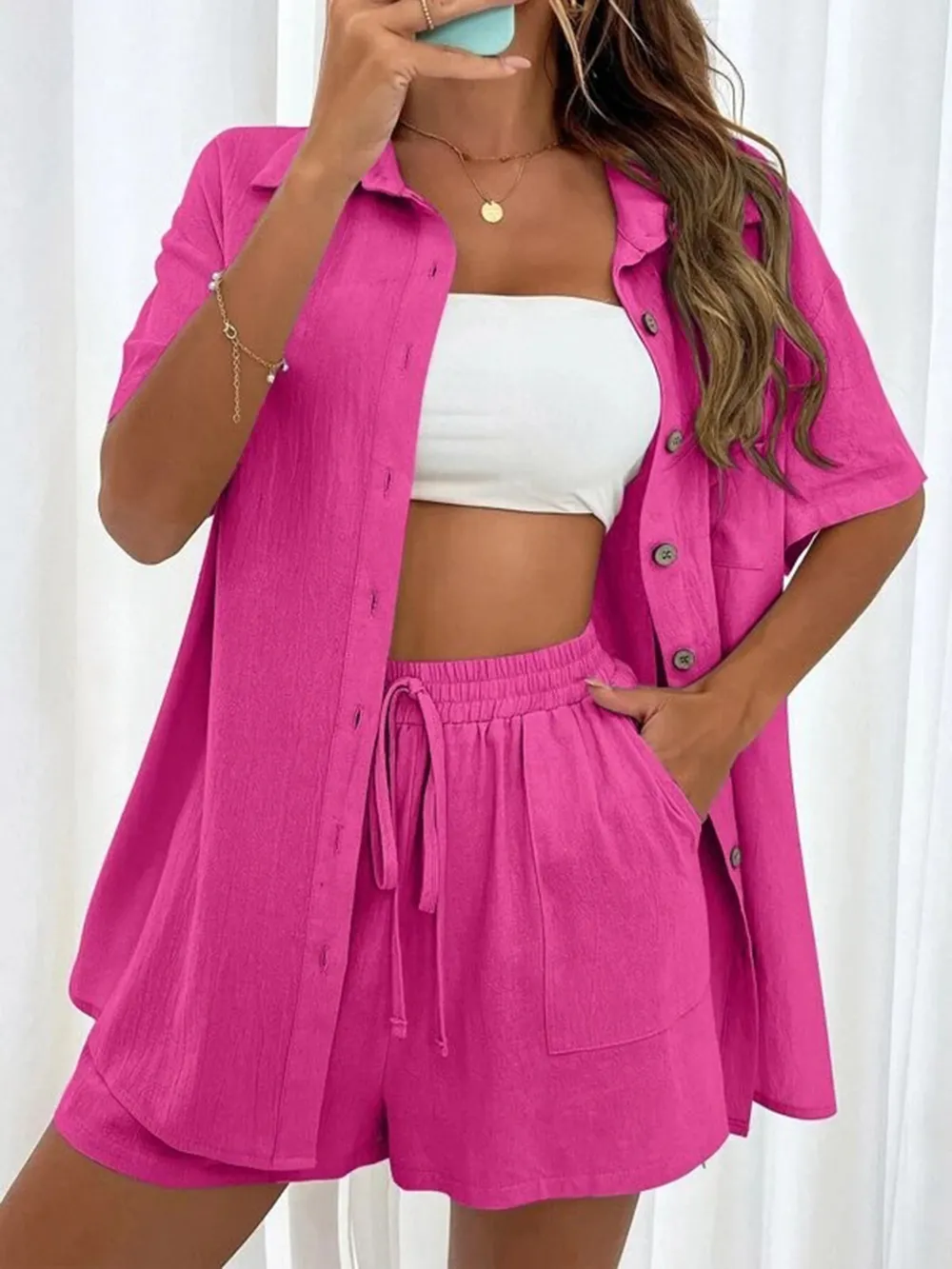 Button Up Shirt and Drawstring Shorts Set, image 30