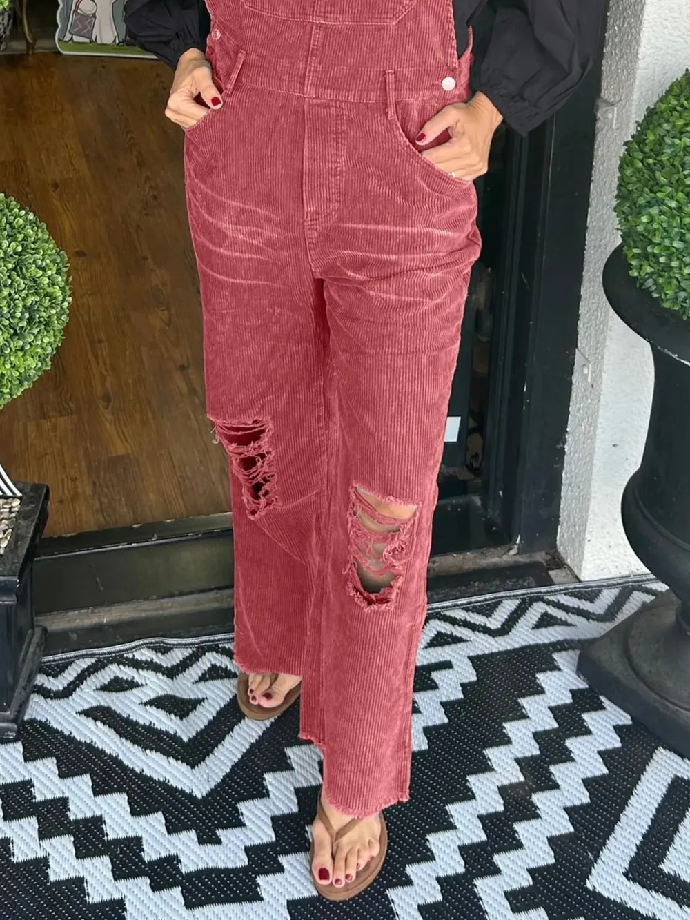 Distressed Wide Leg Corduroy Overalls, image 12