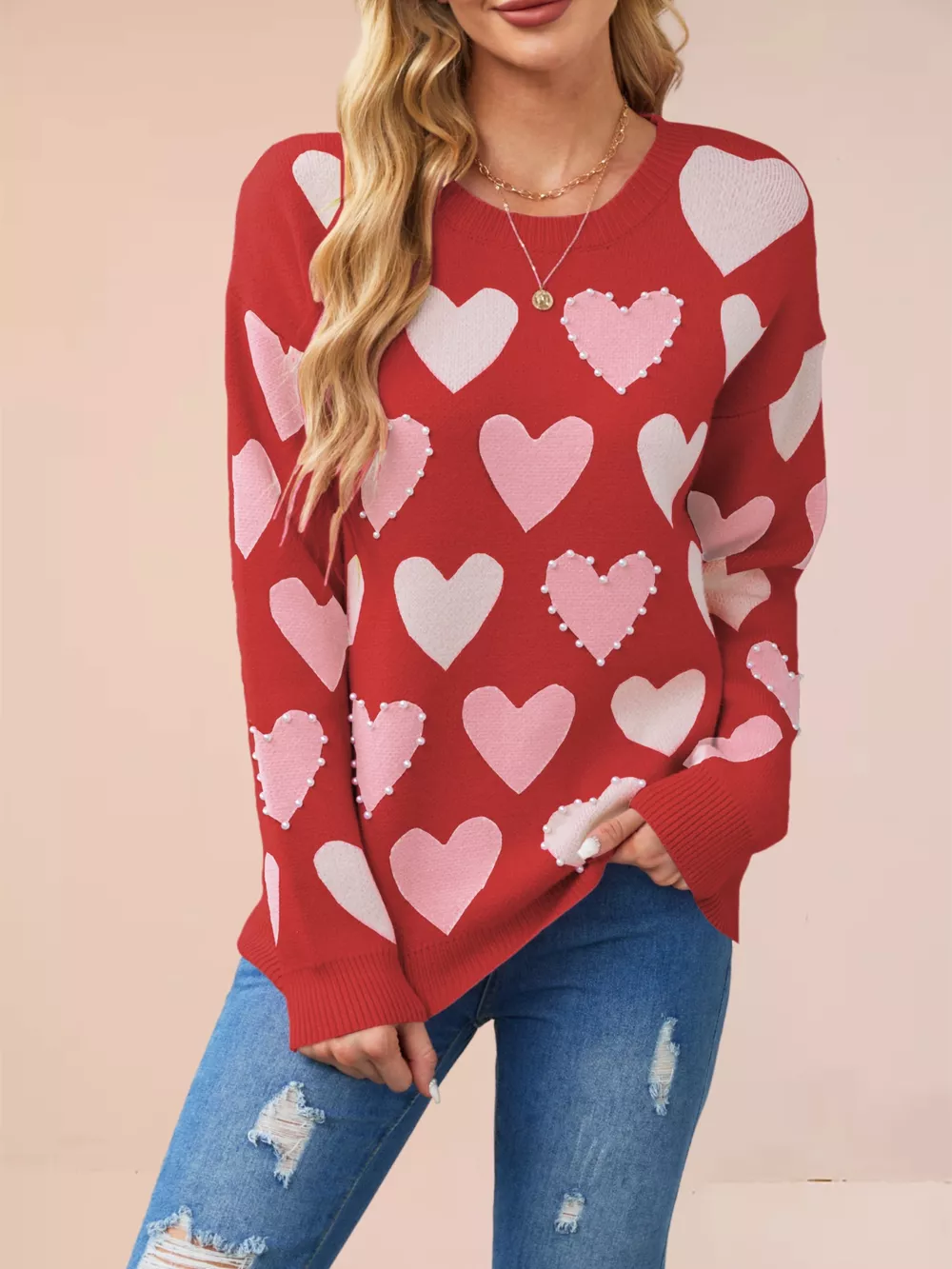 Heart Pattern Beaded Round Neck Sweater, image 16