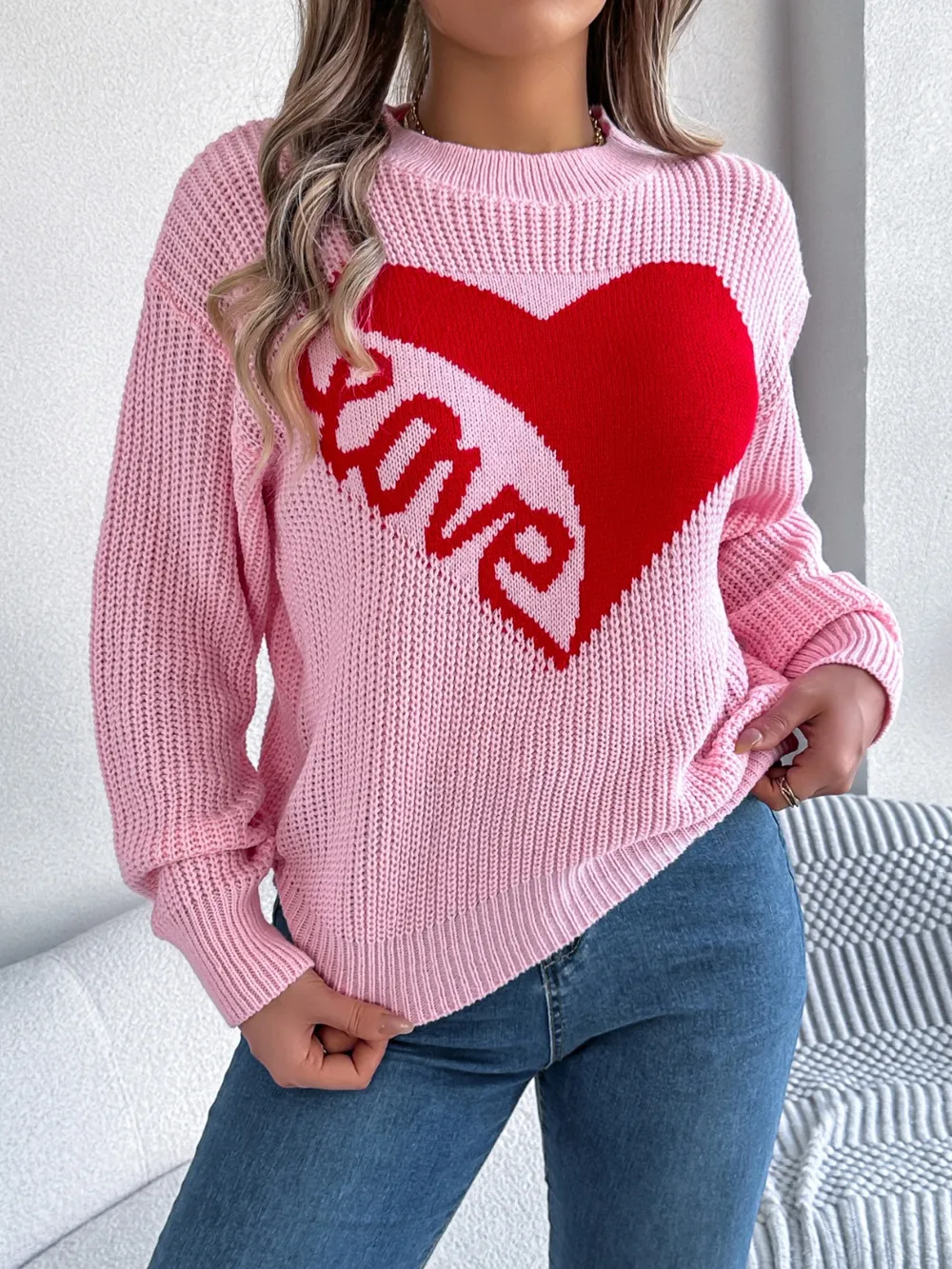 LOVE Heart Round Neck Dropped Shoulder Sweater, image 4
