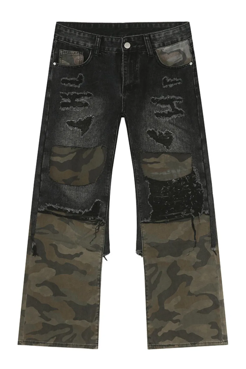 Distressed Camouflage Patchwork Jeans