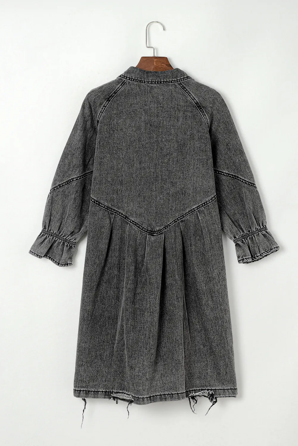 Distressed Collared Neck Flounce Sleeve Denim Dress, image 19