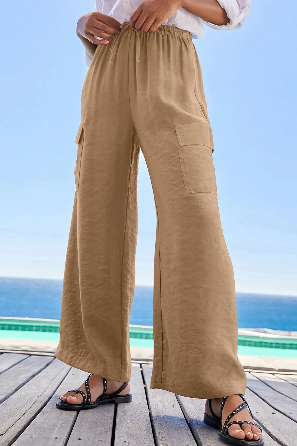 Drawstring Frilled Waist Wide Leg Utility Trousers, image 21