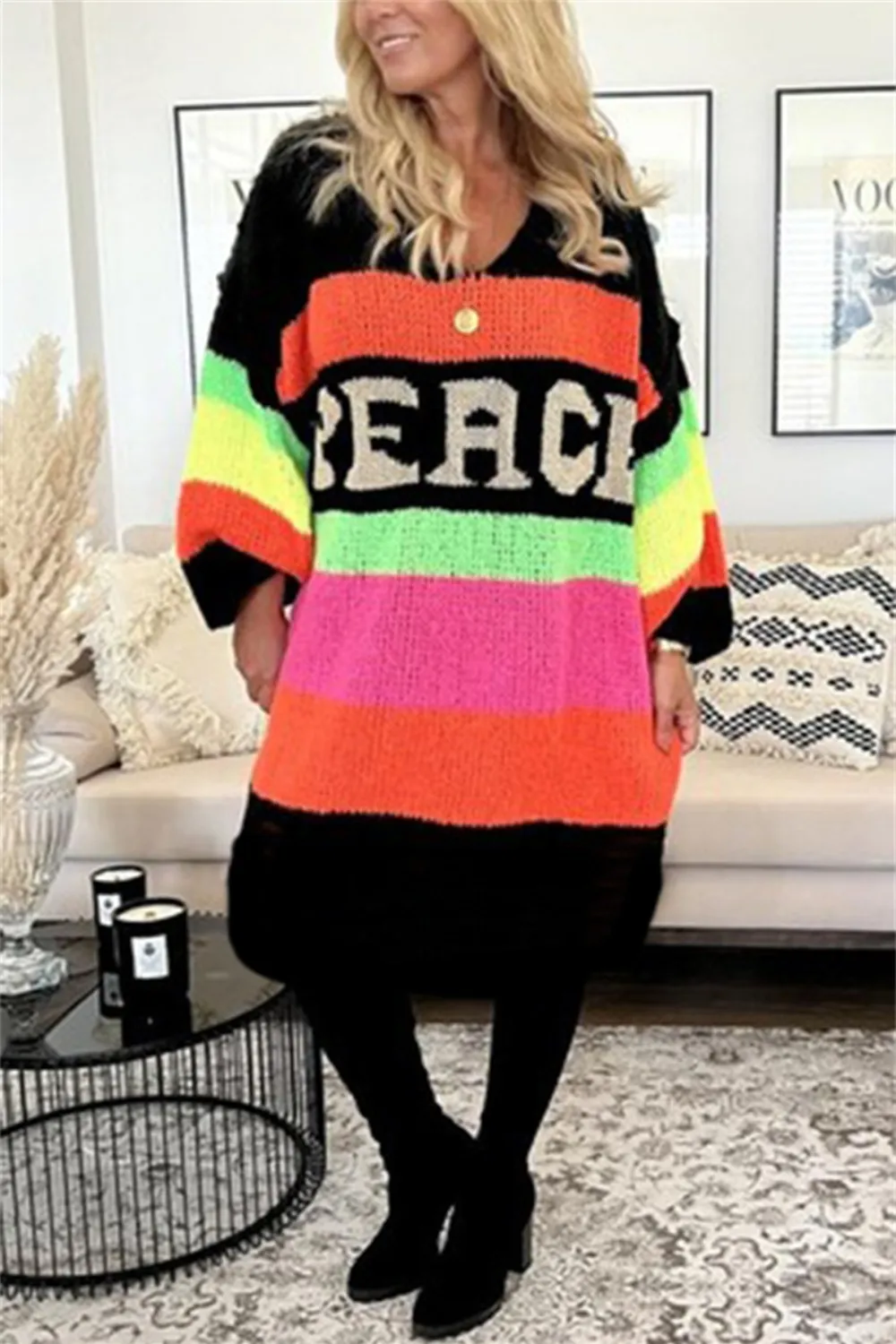 Color Block V-Neck Long Sleeve Sweater Dress, image 25