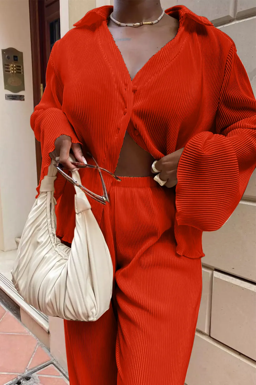 Textured Button Up Collared Neck Top and Pants Set, image 12