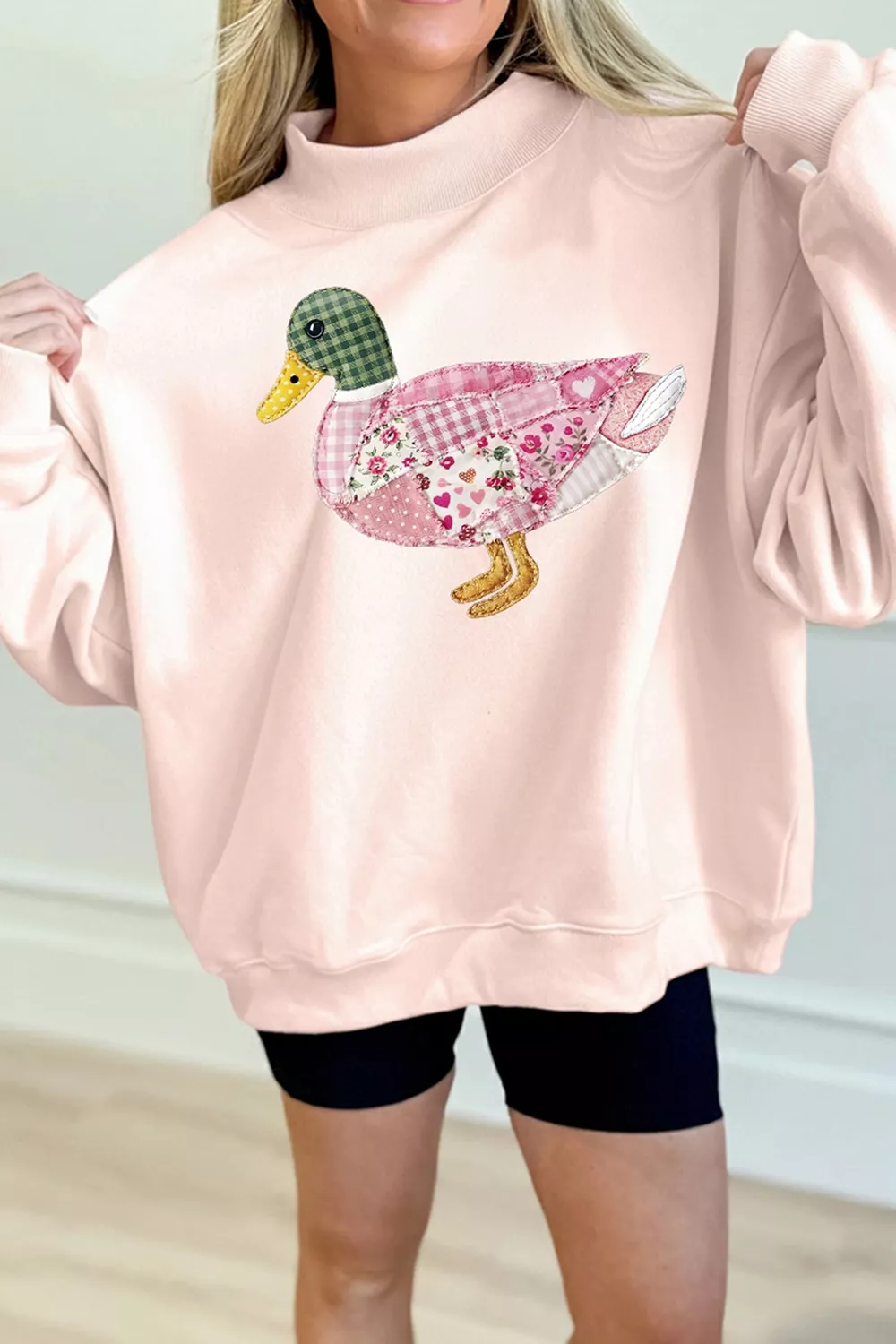 Patchwork Mallard Printed Graphic Mock Neck Pullover Sweatshirt, image 6