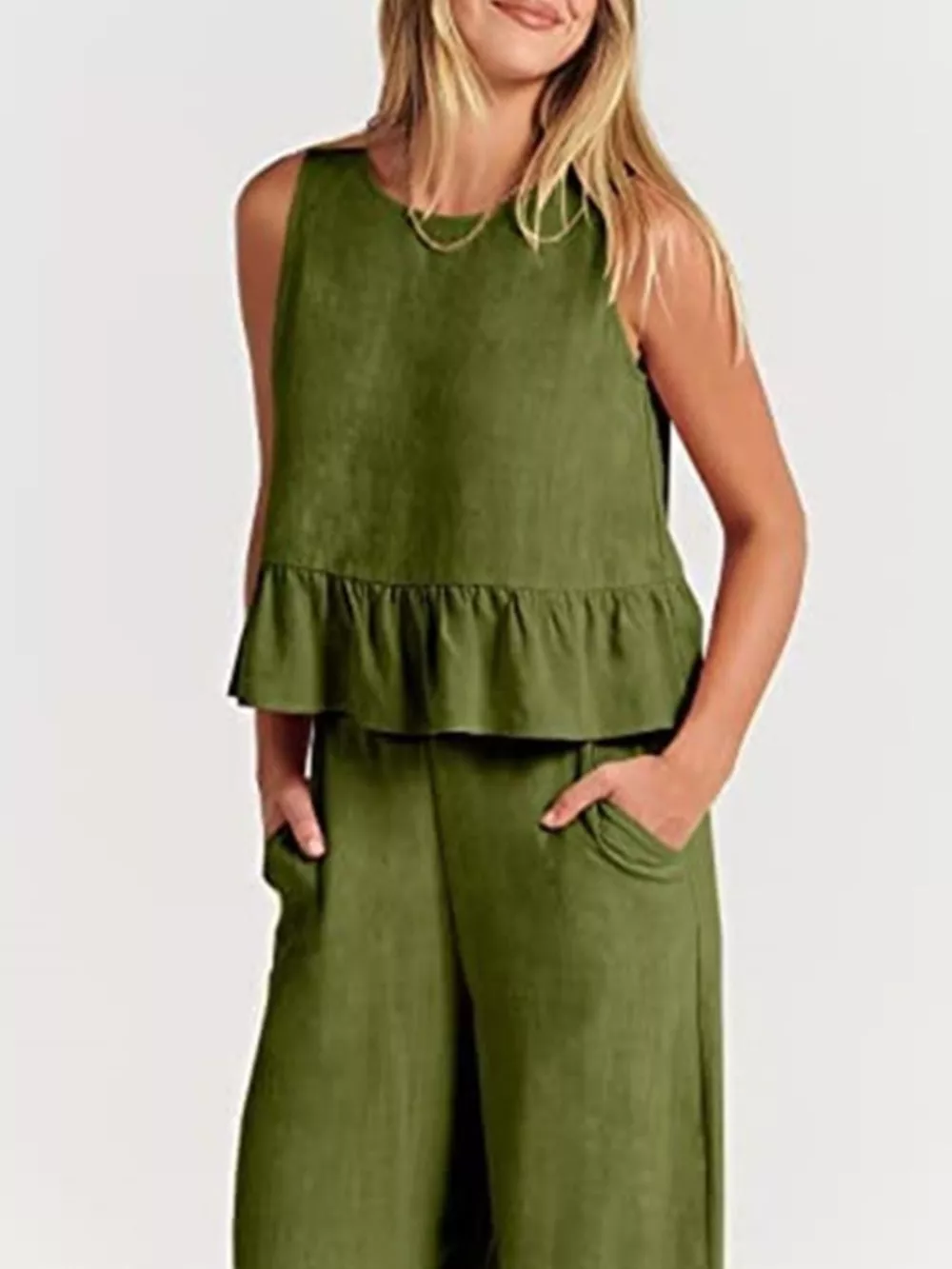 Full Size Ruffled Hem Sleeveless Top and Wide-Leg Pants Set Plus Size, image 6