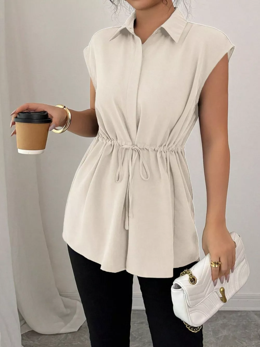 Drawstring Waist Cap Sleeve Shirt, image 31