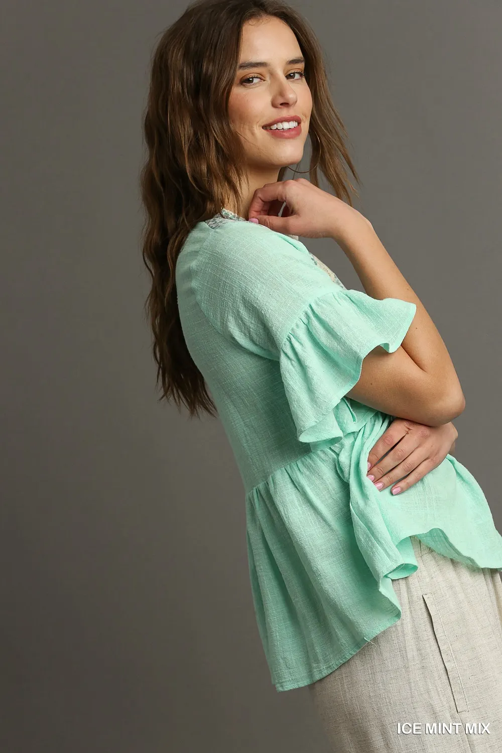 Floral Lace Trimmed Detail Half Sleeve Babydoll Top, image 3