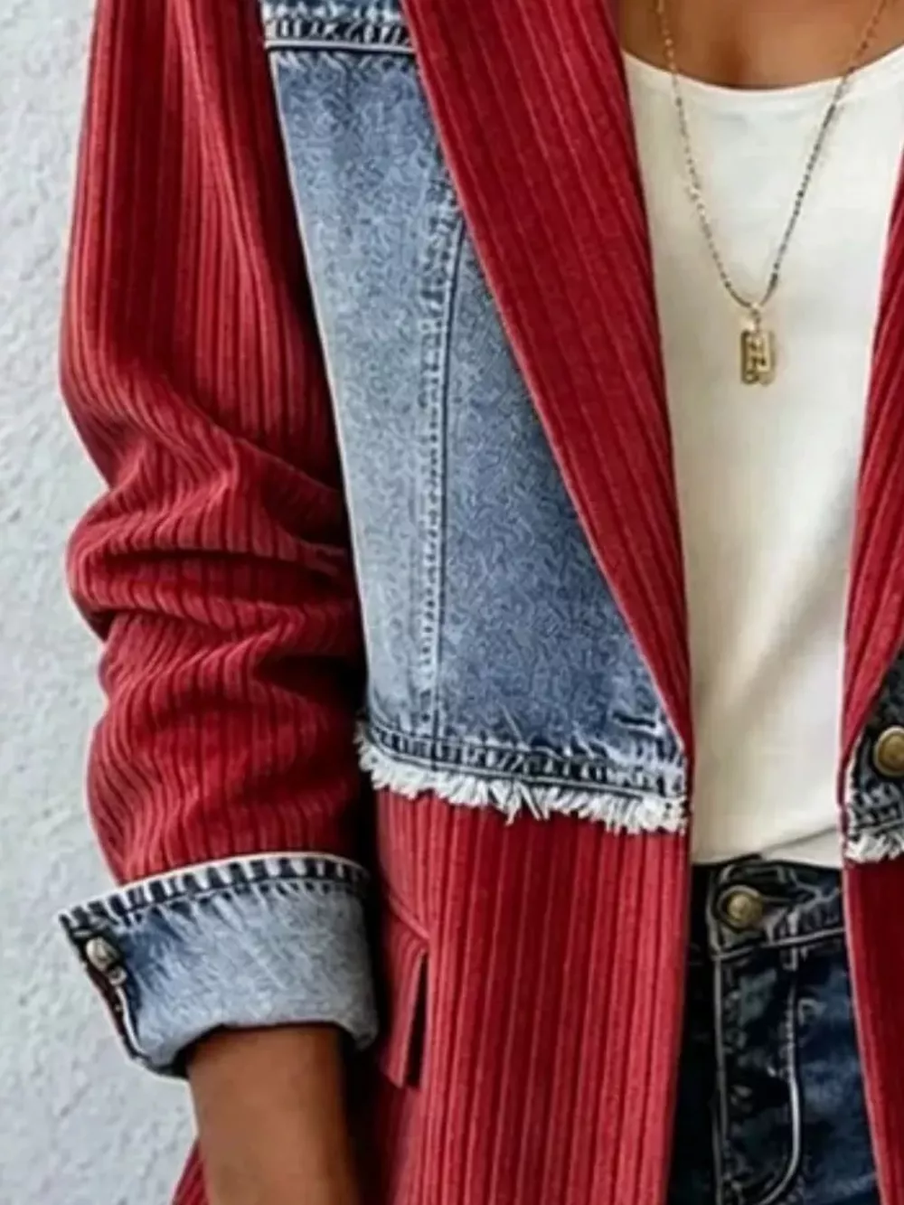 Full Size Patchwork Denim Ribbed Blazer Plus Size, image 14