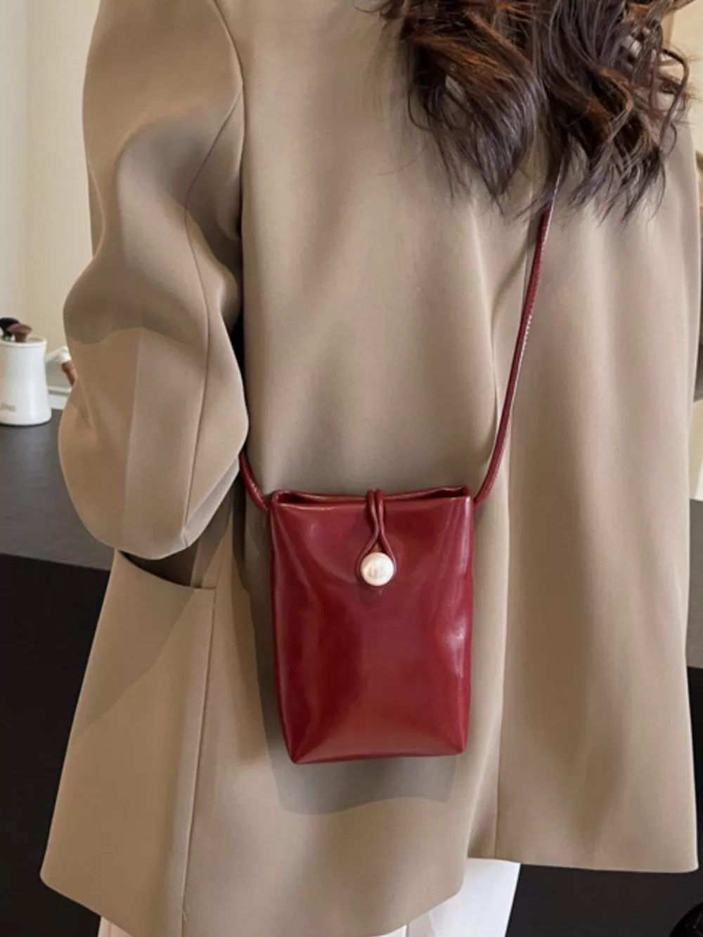 Pearl Decor Faux Leather Crossbody Bag, image 3