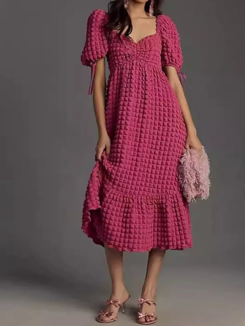 Textured Sweetheart Neck Short Sleeve Dress, image 16