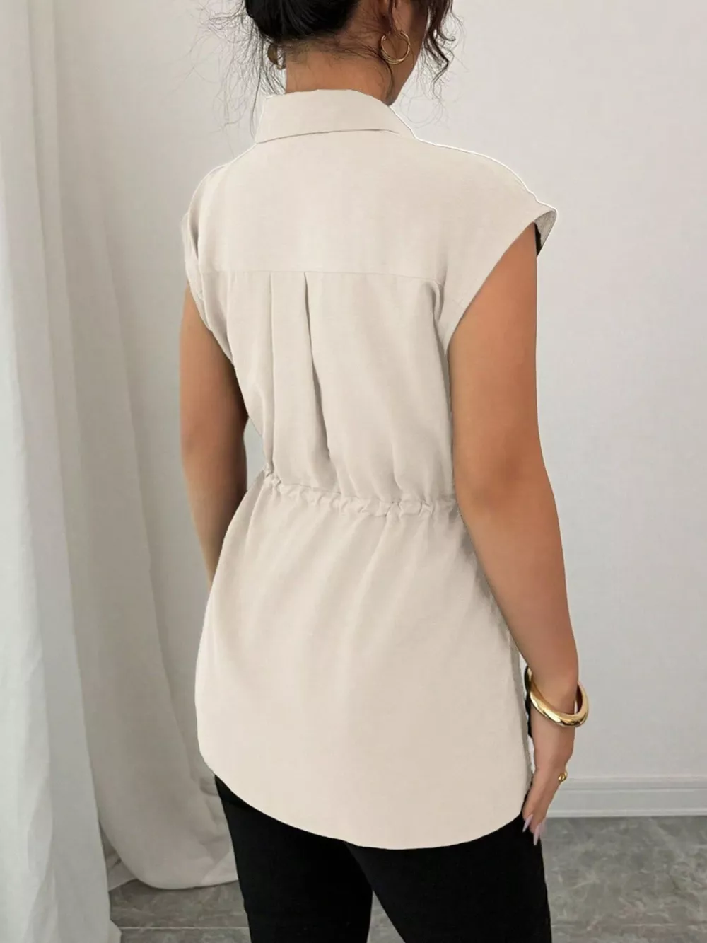 Drawstring Waist Cap Sleeve Shirt, image 32