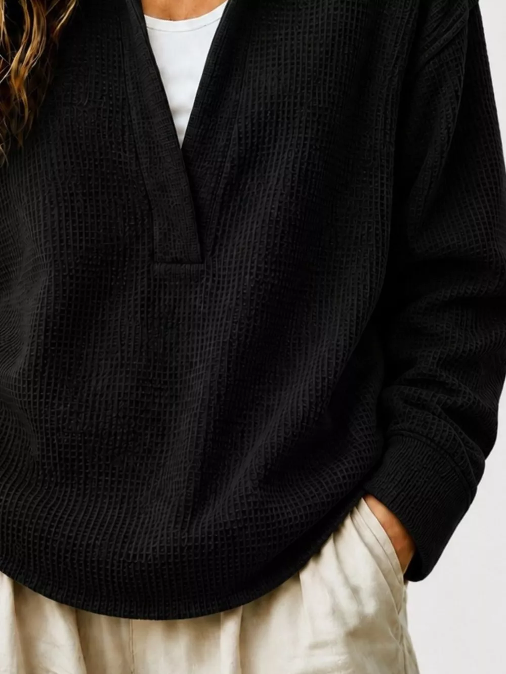 Full Size Waffle Knit Dropped Shoulder Sweatshirt Plus Size, image 20