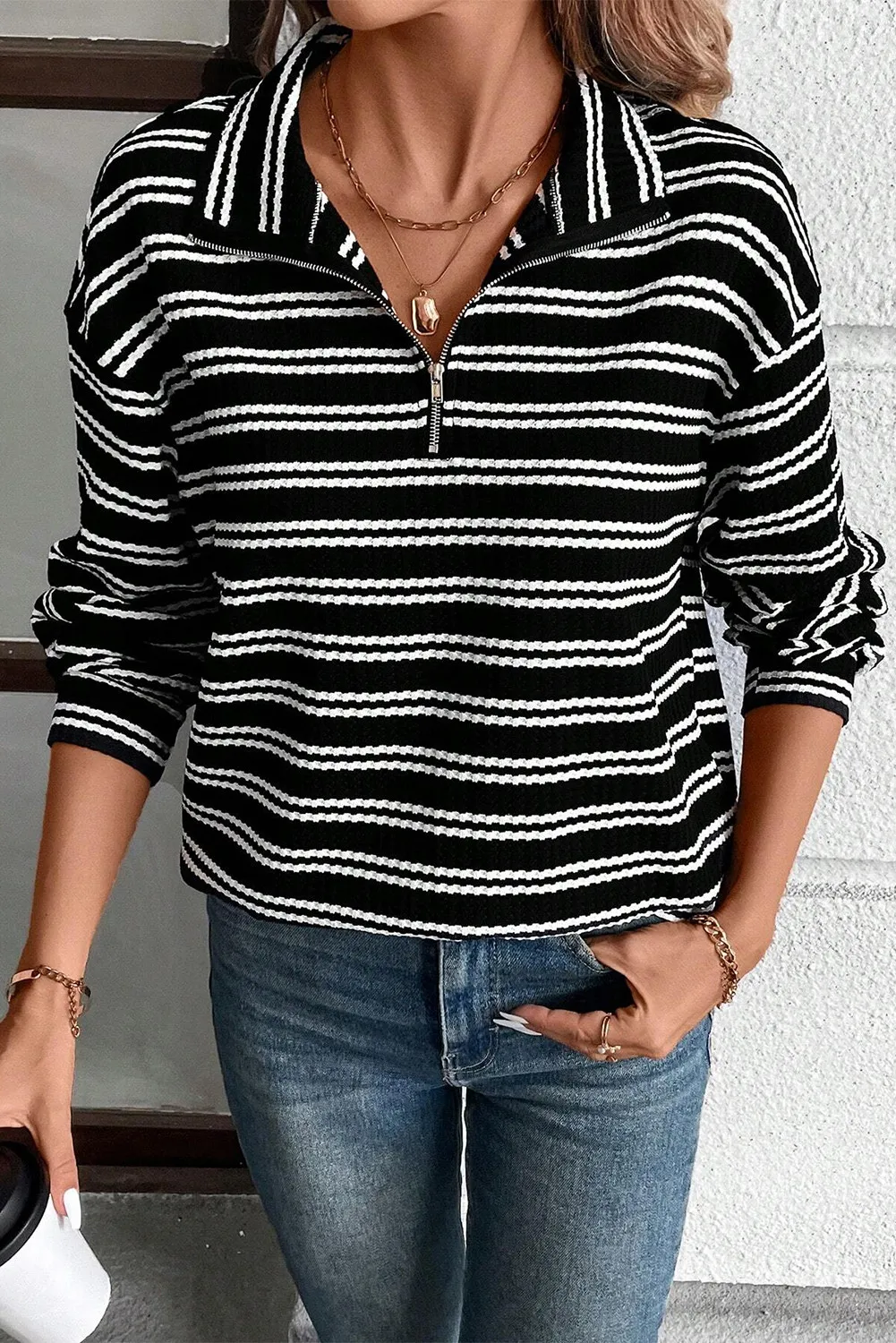 Striped Half Zip Long Sleeve Top, image 4
