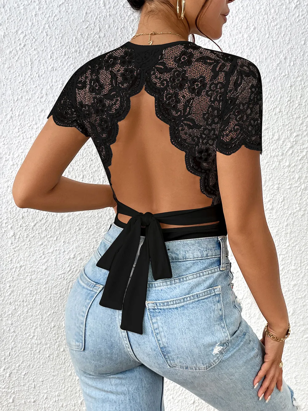 Lace Backless Round Neck Bodysuit, image 6