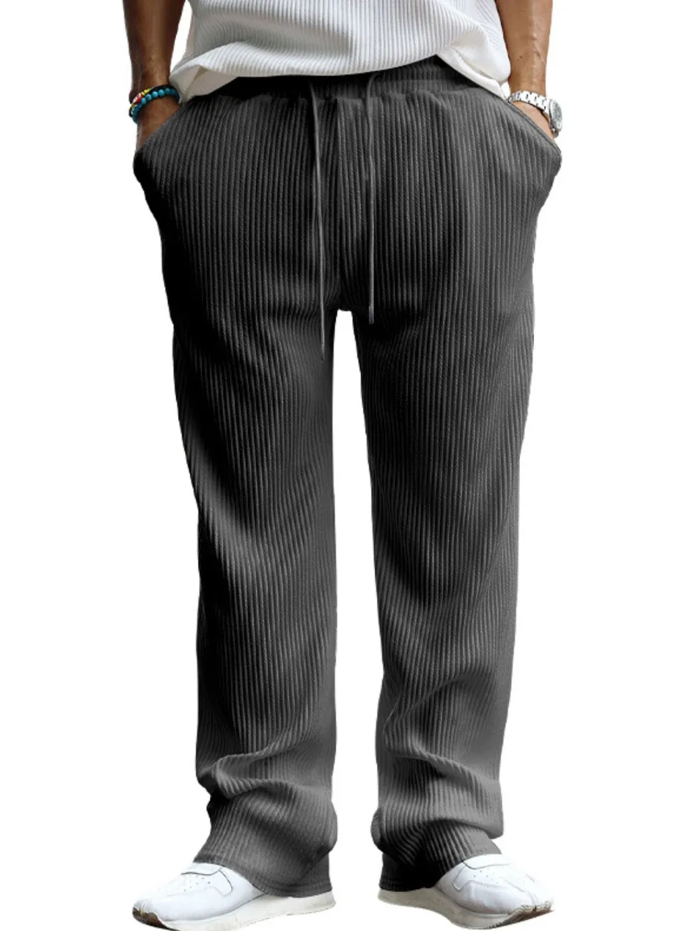 Men's Full Size Ribbed Drawstring Wide Leg Pants with Plus Size, image 5