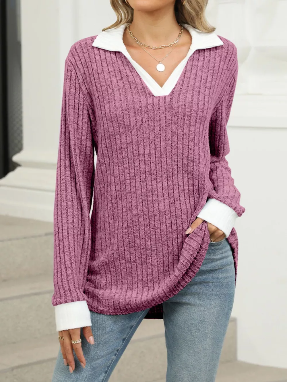Ribbed Knit Long Sleeve T-Shirt, image 35