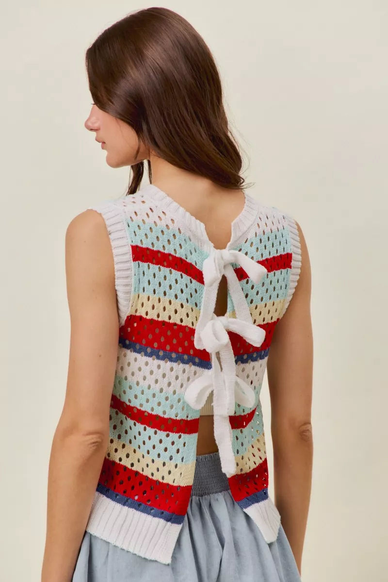 Tie Back Multi Stripe Sweater Knit Tank Top, image 3