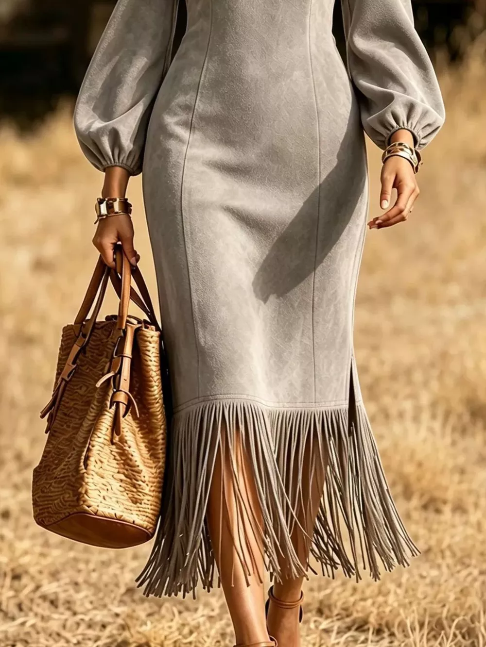 Fringe Hem Balloon Sleeve Midi Dress, image 7