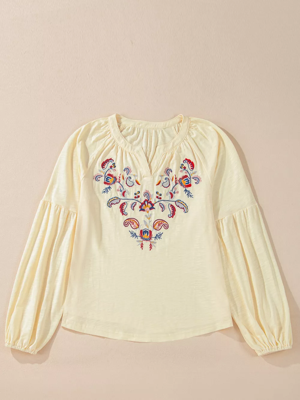 Embroidered Notched Balloon Sleeve Blouse, image 7