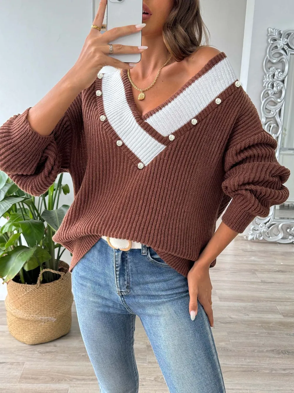 Contrast Trim Dropped Shoulder Long Sleeve Sweater, image 13