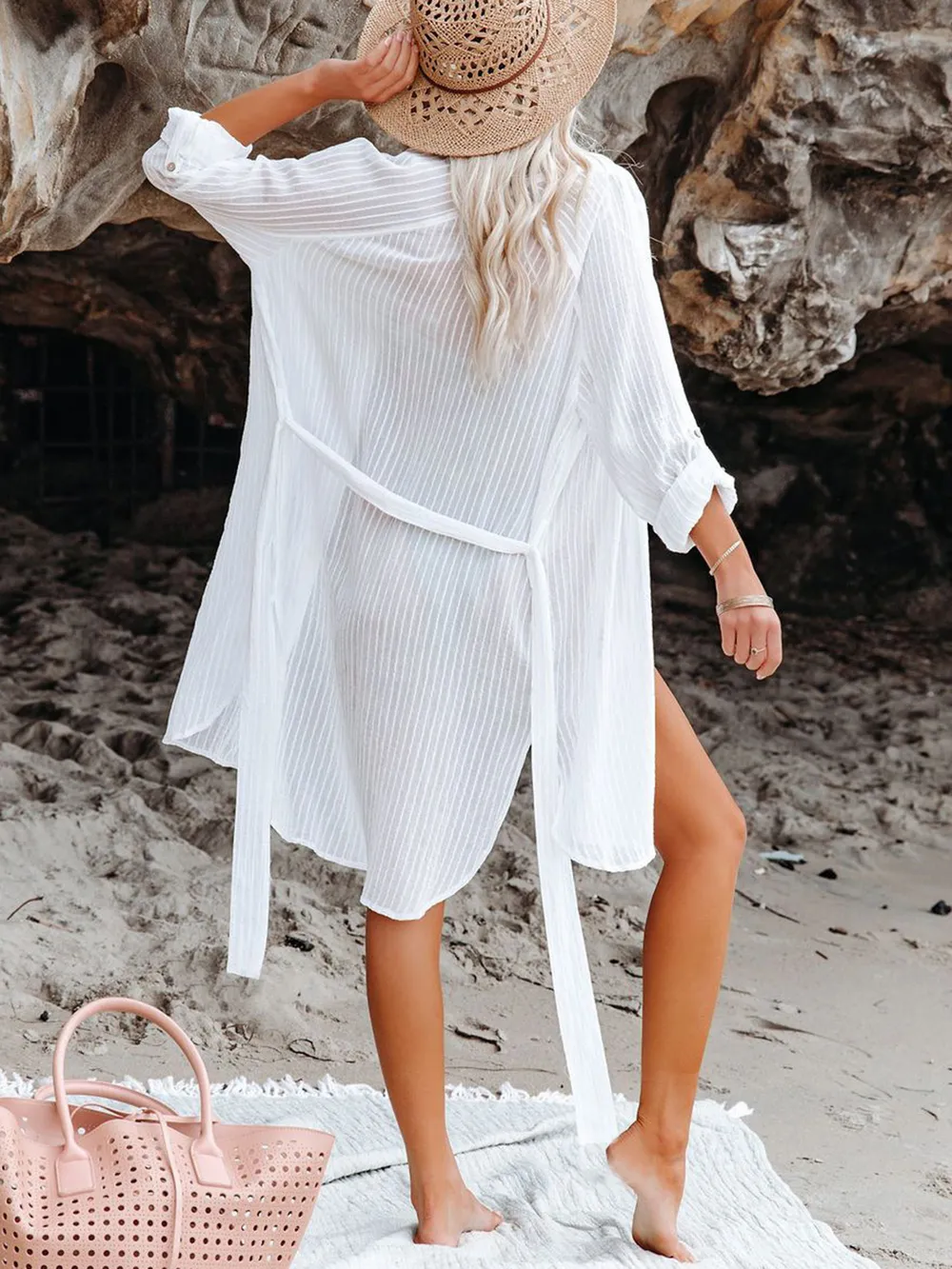 Button Up Roll-Tab Sleeve Cover-Up, image 3