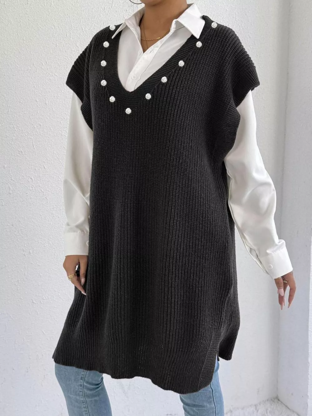 Slit V-Neck Sweater Dress
