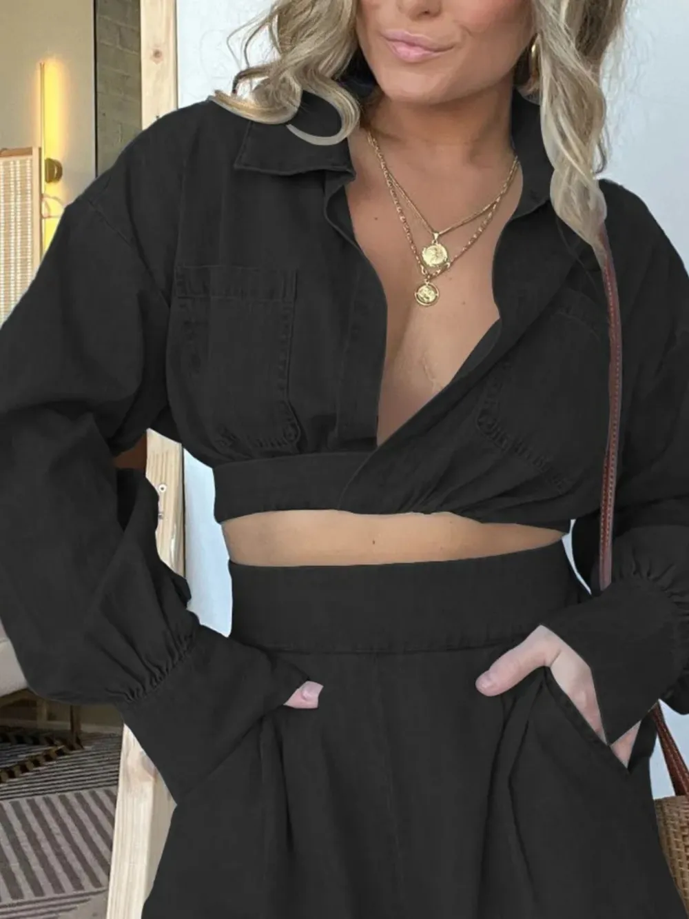 Full Size Long Sleeve Top and Shorts Denim Set Plus Size
