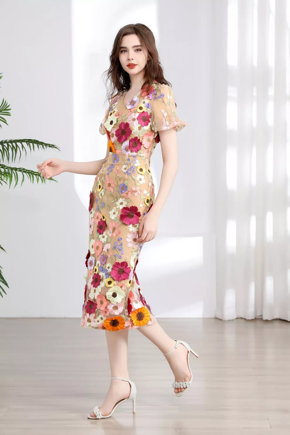 Floral Embroidered Puff Sleeve Midi Dress, image 34