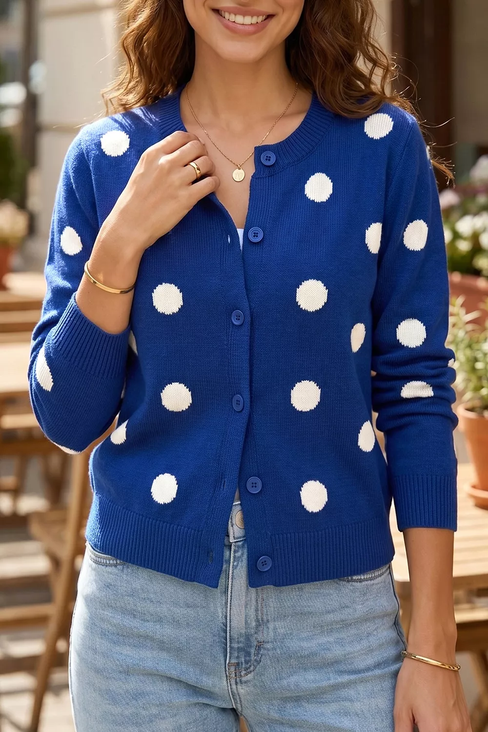 Casual Polka Dot Button Front Long Sleeve Sweater Cardigan, image 4