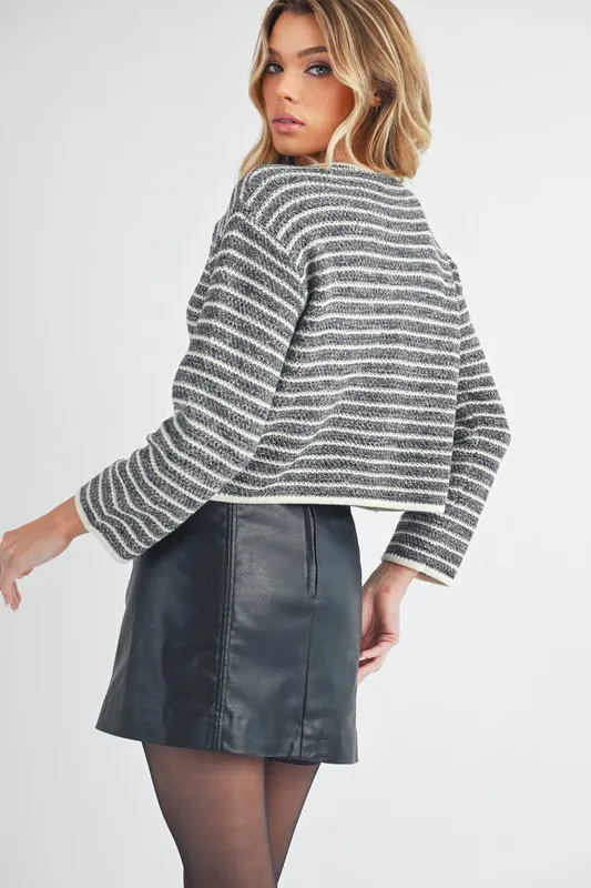 Striped Button Down Round Neck Cardigan, image 5