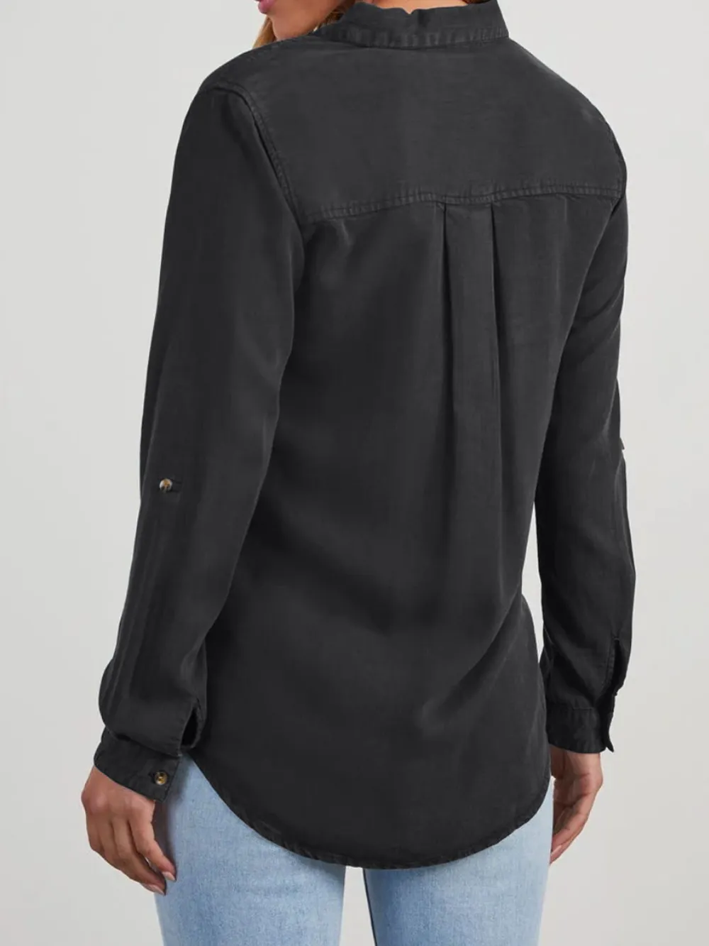 Collared Neck Roll-Tab Sleeve Denim Top, image 13