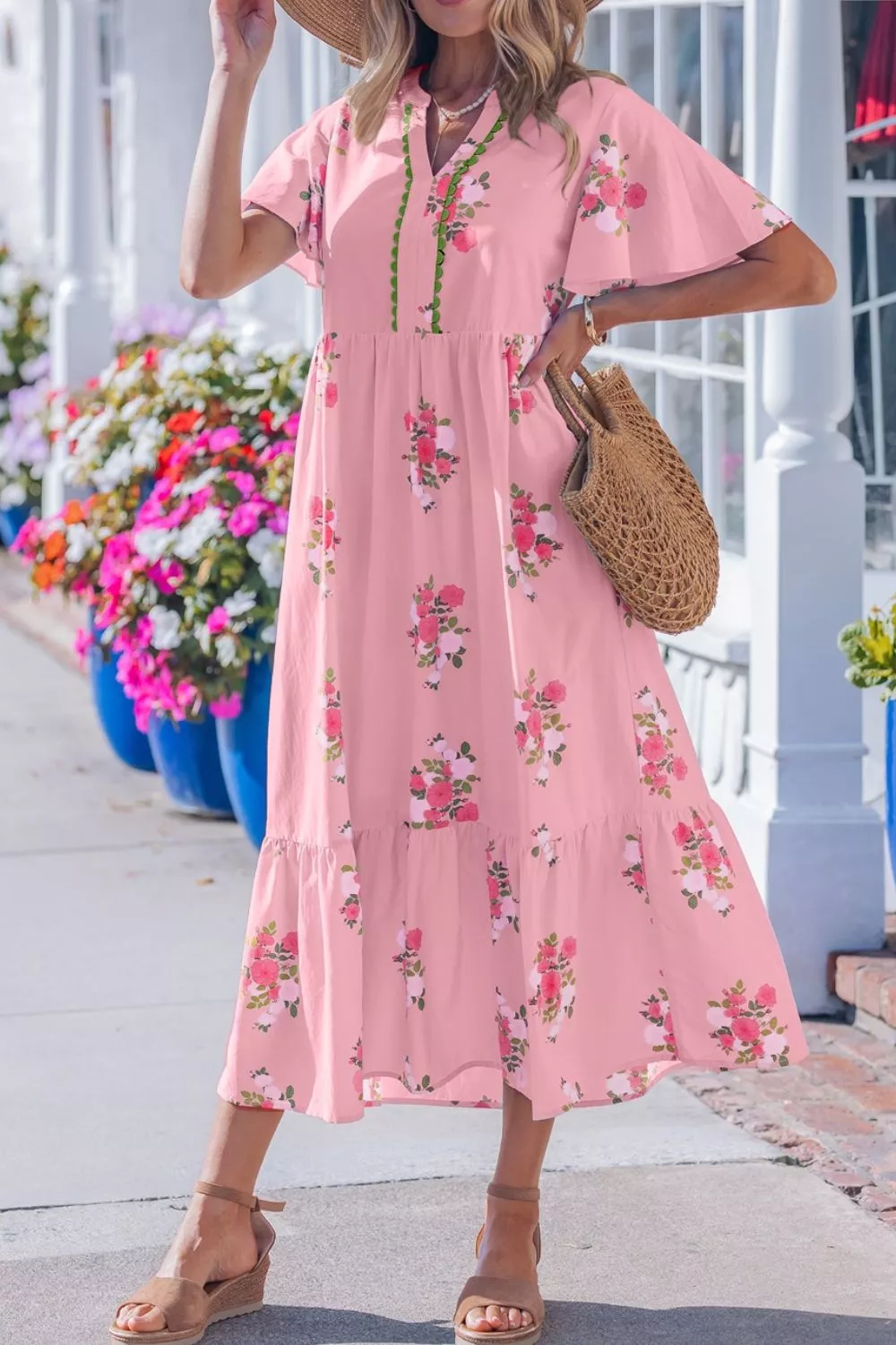 Notched Neck Flutter Short Sleeve Floral Print Dress, image 5