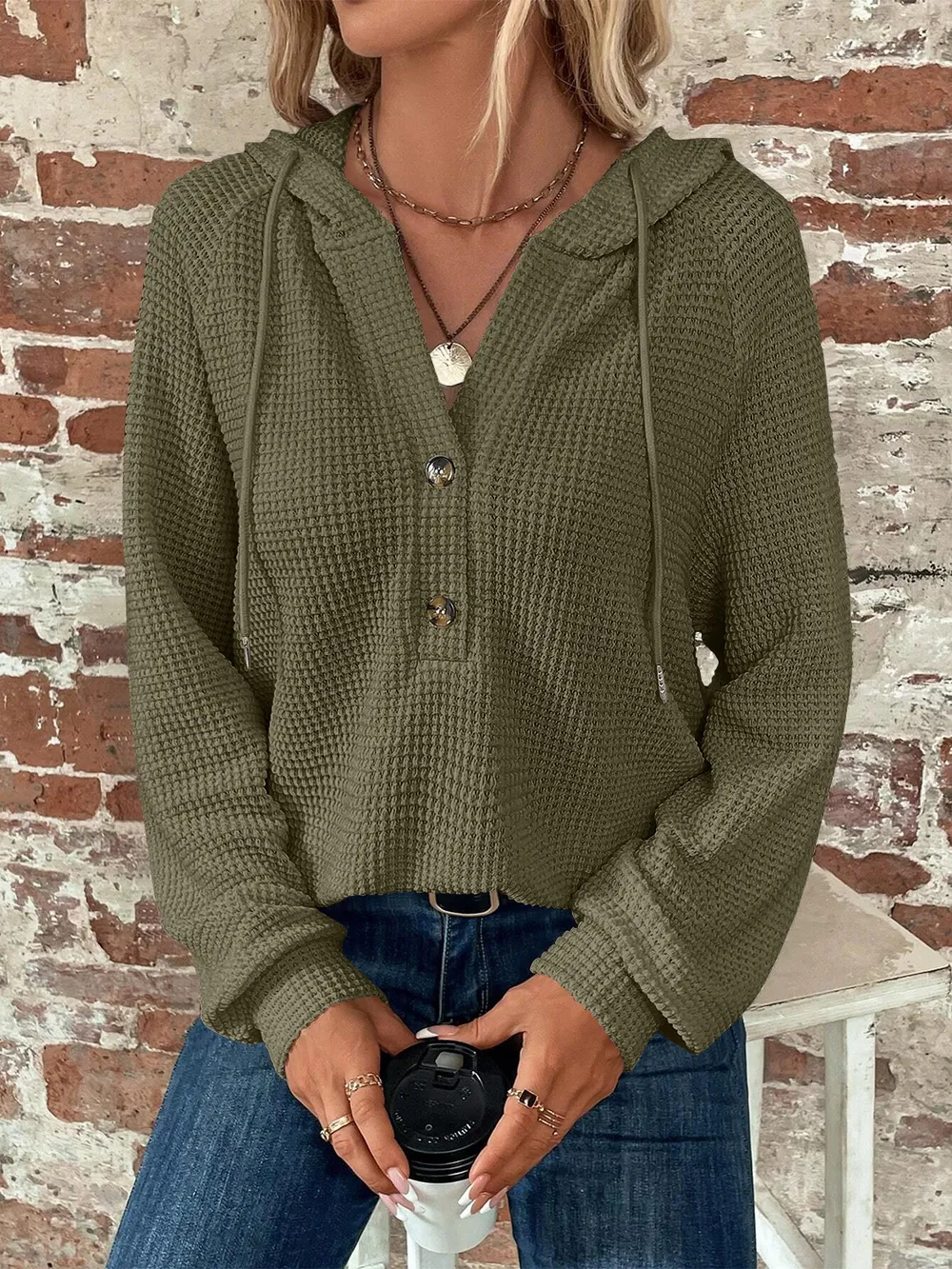 Waffle Knit Long Sleeve Drawstring Hooded Top, image 17
