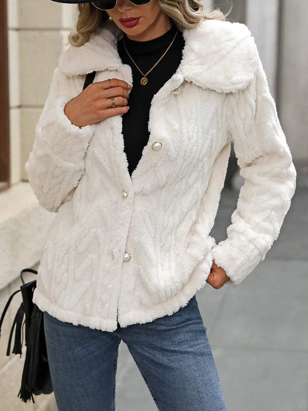 Fuzzy Texture Button Up Collared Neck Coat, image 3