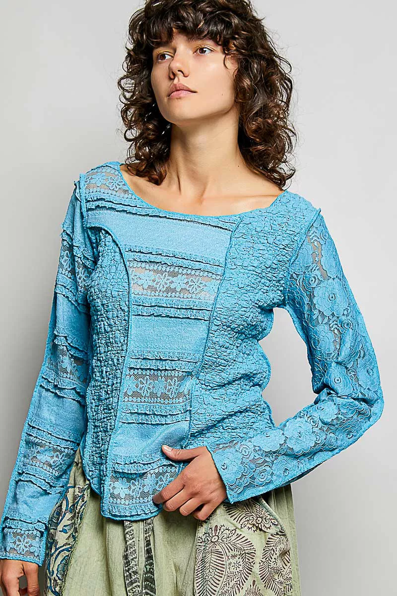 Round Neck Long Sleeve Exposed Seam Top with Lace Detail, image 5