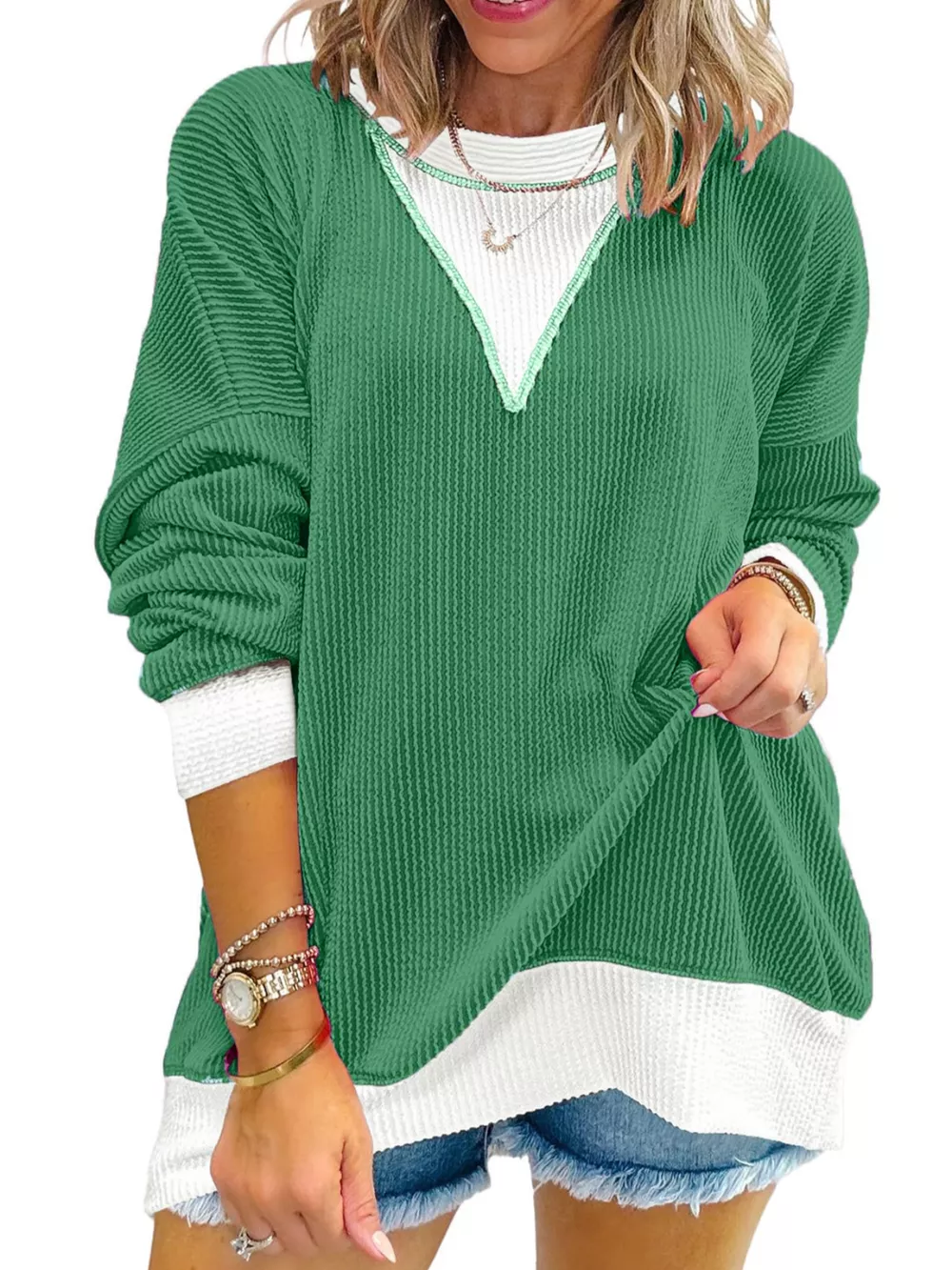 Two-Tone Ribbed Knit Sweatshirt, image 16