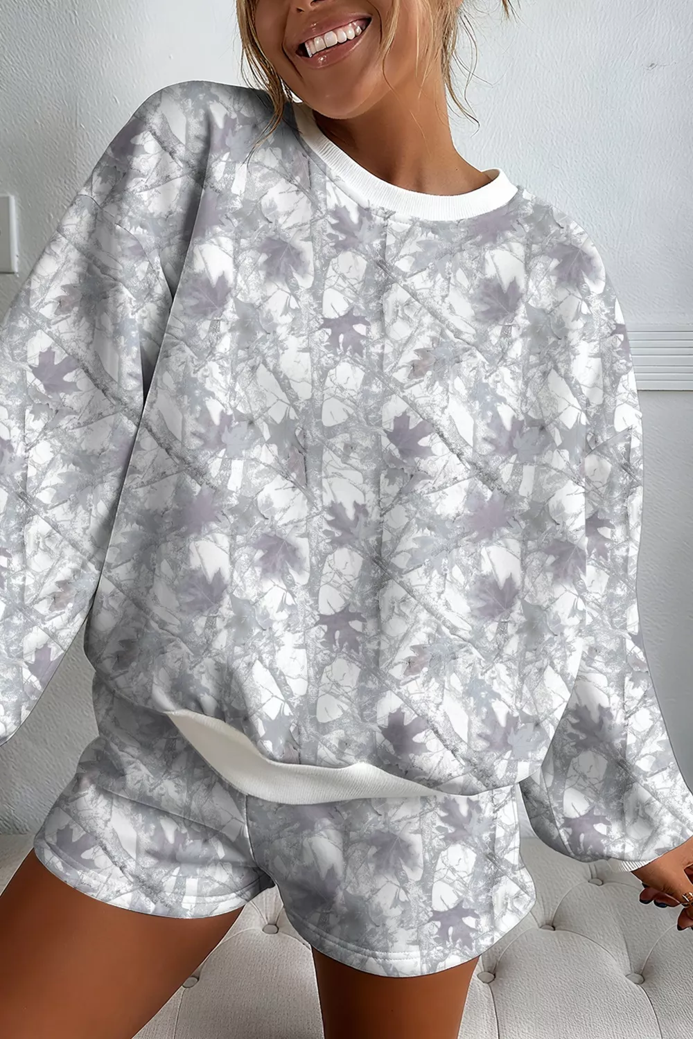 Abstract Woodland Camo Print Baggy Pullover Drawstring Shorts Set, image 13