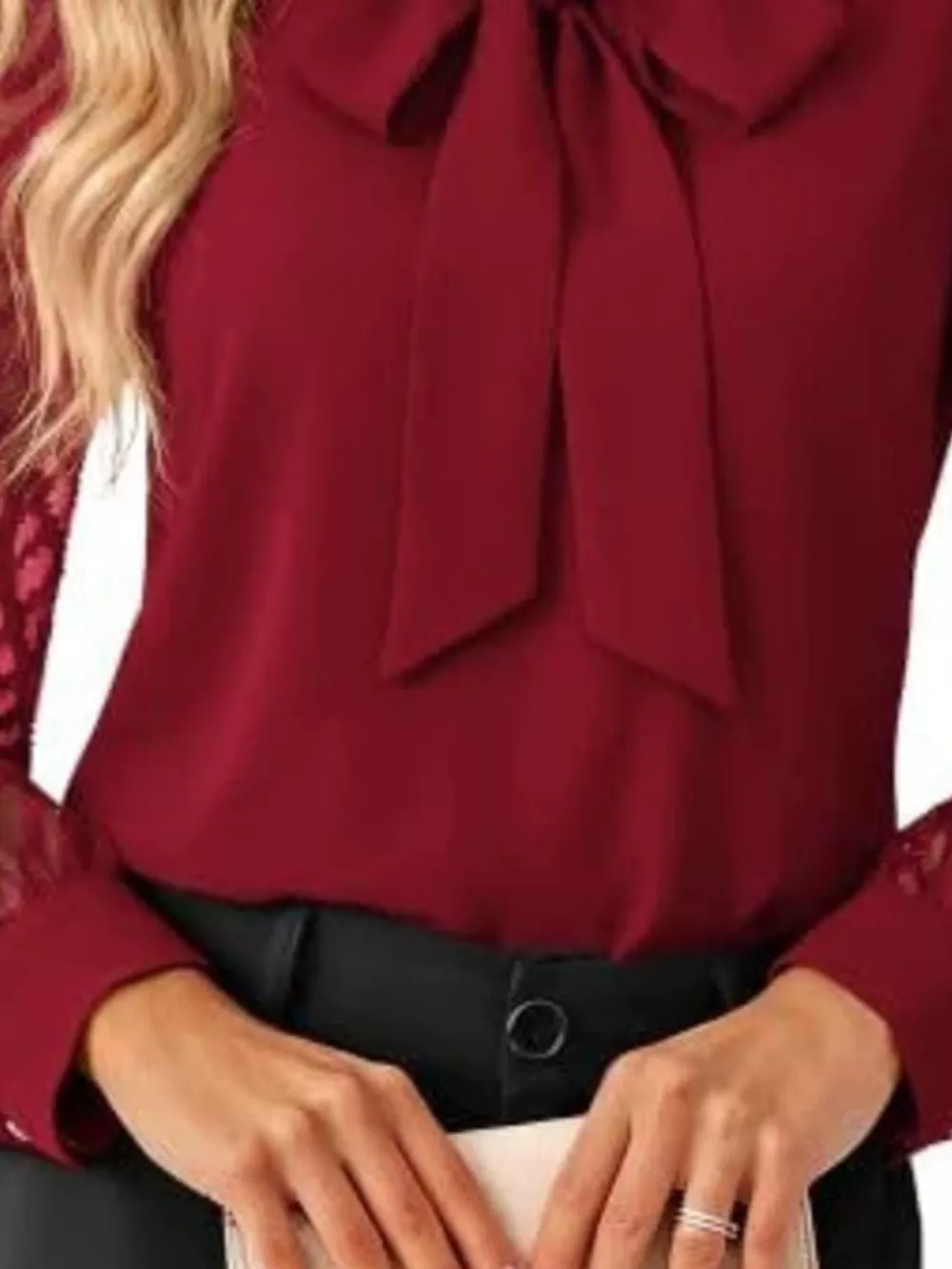 Bow-Tie Blouse with Sheer Chevron Long Sleeves, image 15