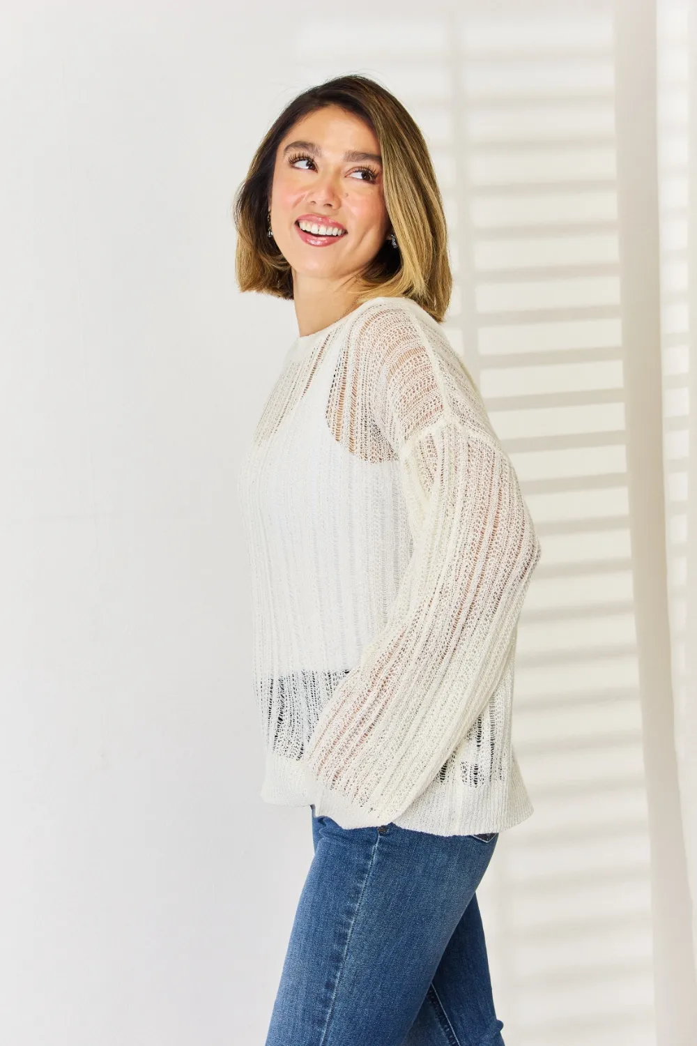 Openwork Ribbed Trim Long Sleeve Knit Top, image 4