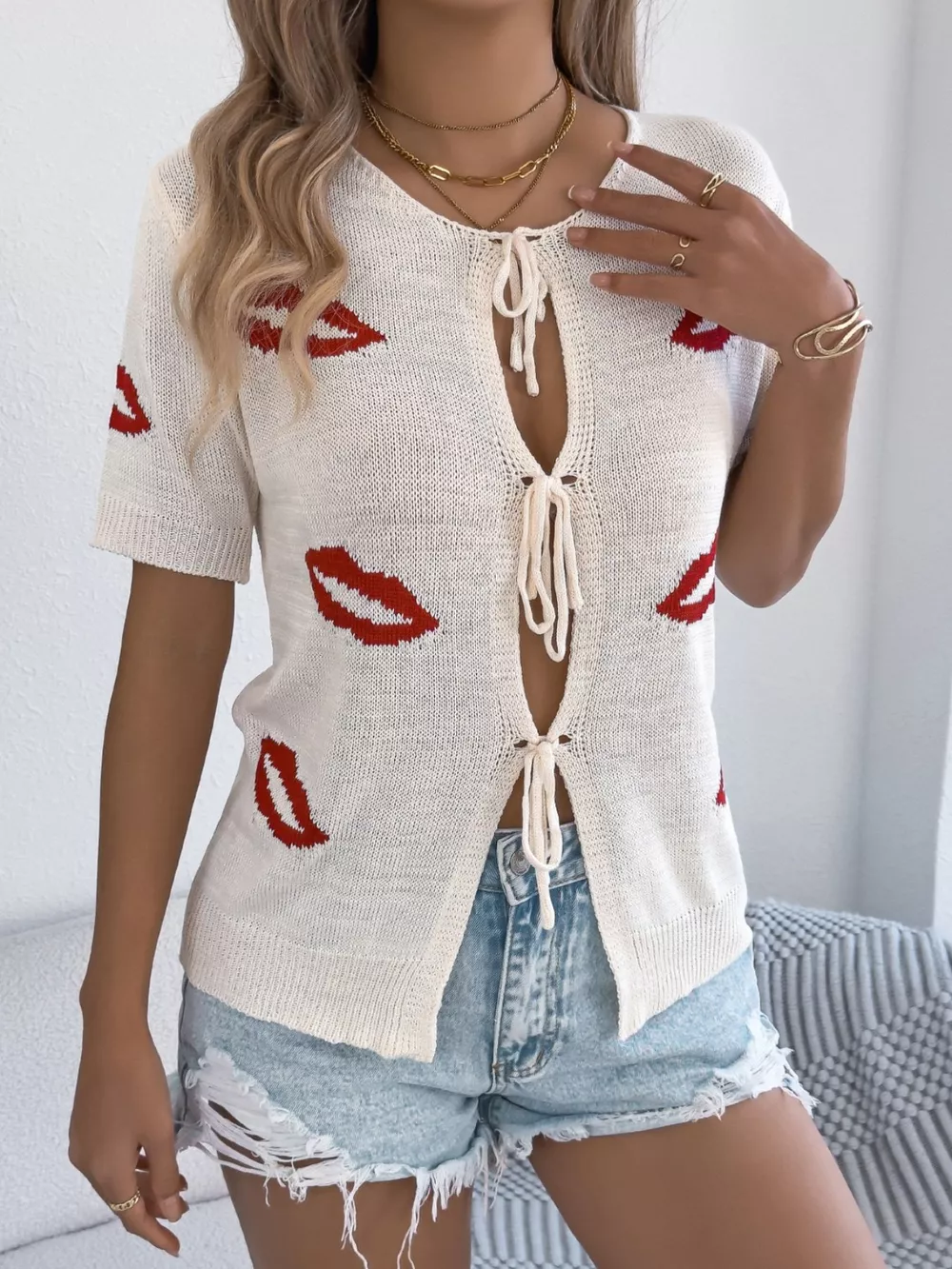 Lips Tie Front Knit Cardigan, image 8