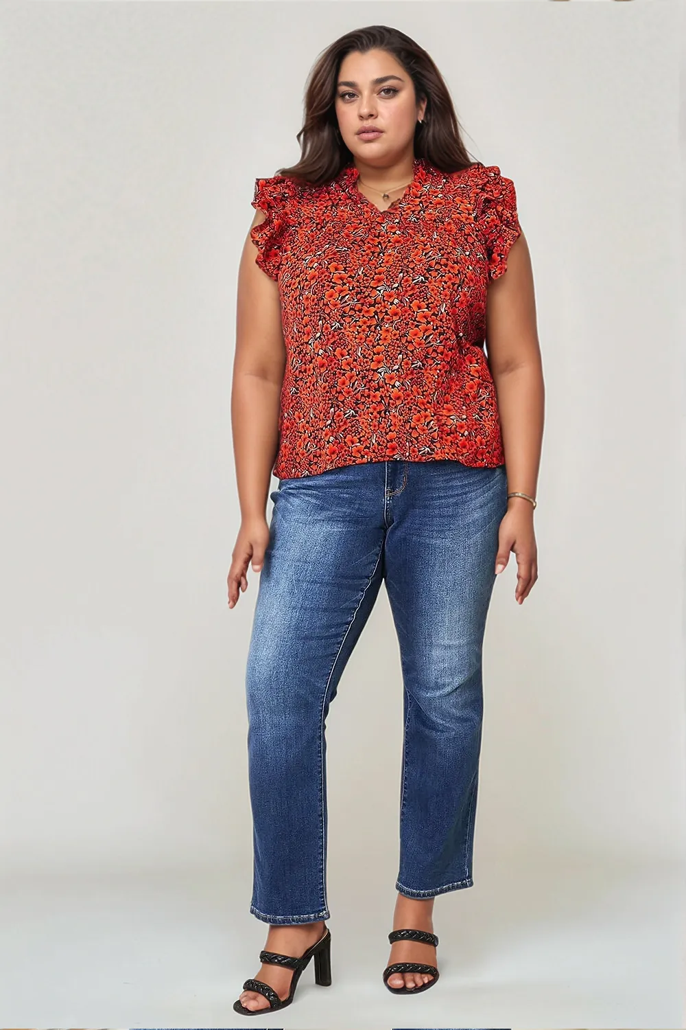 Floral Flutter Sleeve Notched Neck Blouse, image 2