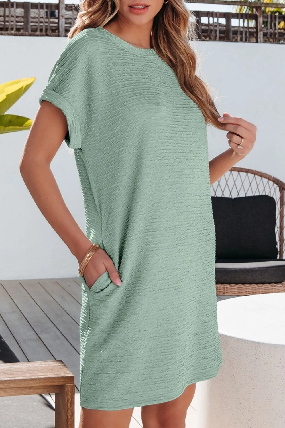 Solid Color Textured Crinkle Short Sleeve T Shirt Dress, image 16